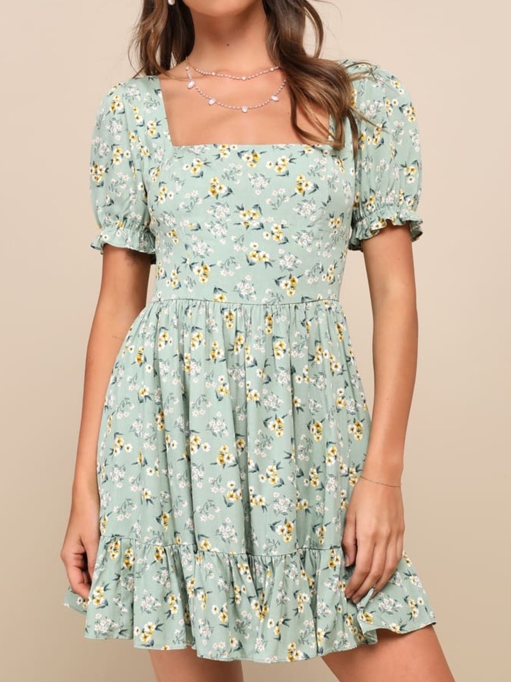 Lulus Delightful Aura Sage Floral Print Puff Sleeve Tiered Mini Dress NWT